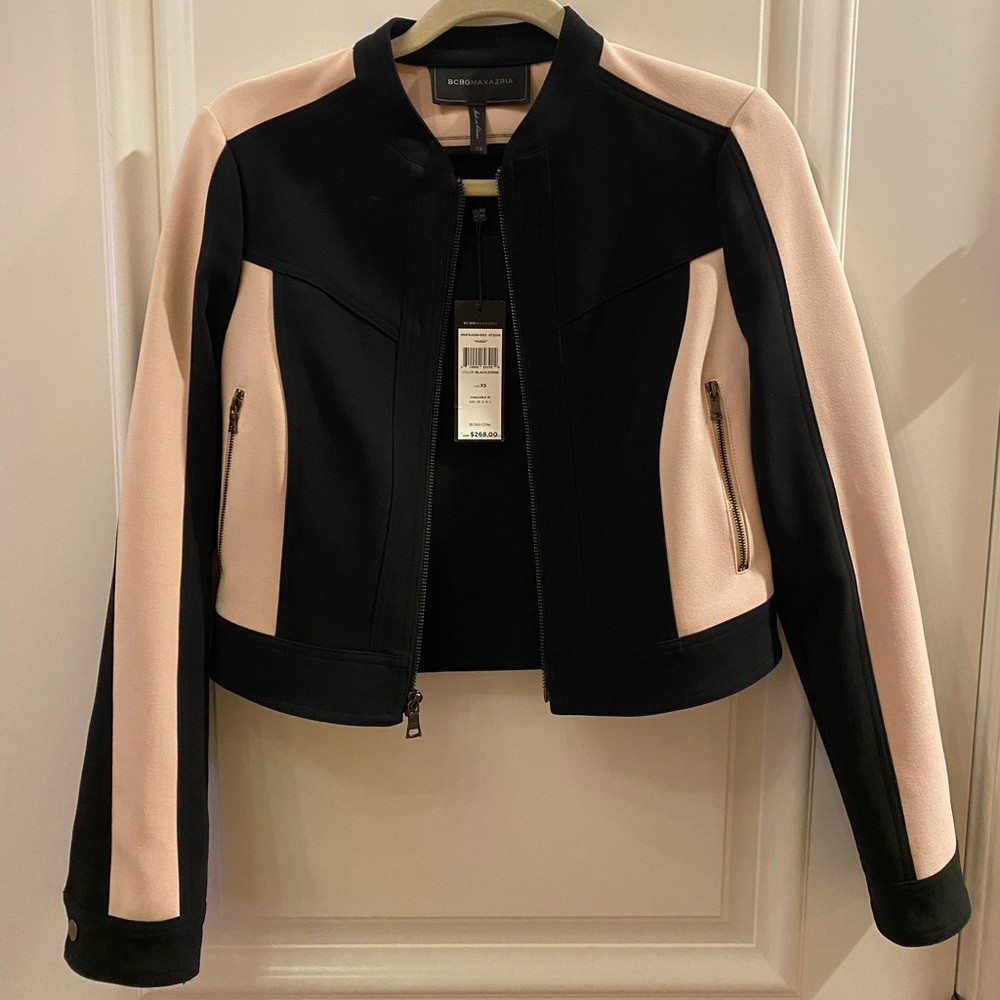 BCBGMAXAZRIA Jacket | Black & Pink Hugo Color Bomber Jacket | XS